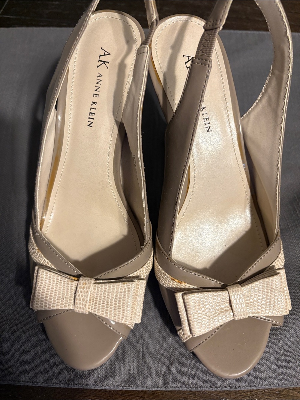 Anne Klein Neutral Taupe Peep-Toe Slingback Heels with Bow Accent